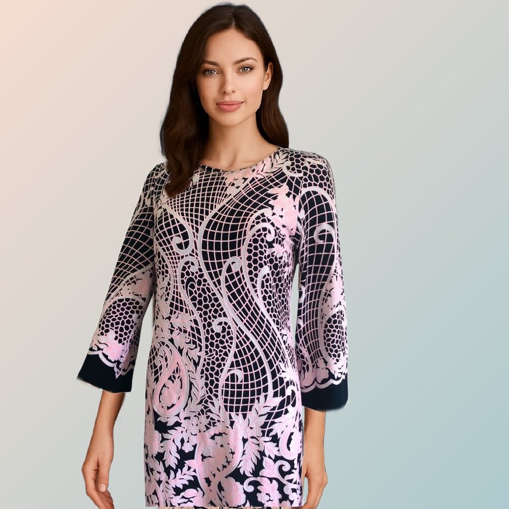 SHELBY & PALMER Textured Pink Floral Lace Print Knee Length Navy Dress Sz S NEW